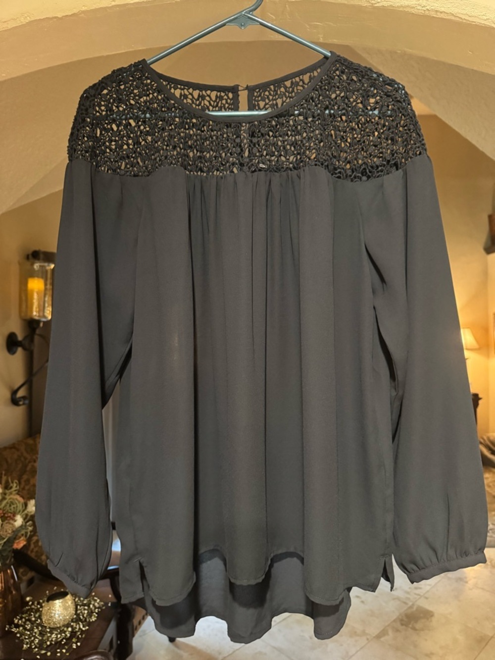 LOFT Black Crochet Yoke Long-Sleeve Blouse